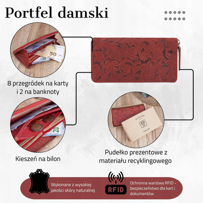 Paolo Peruzzi odinis moteriškas piniginės-delninės modelis, raudonas, su užtrauktuku ir RFID apsauga