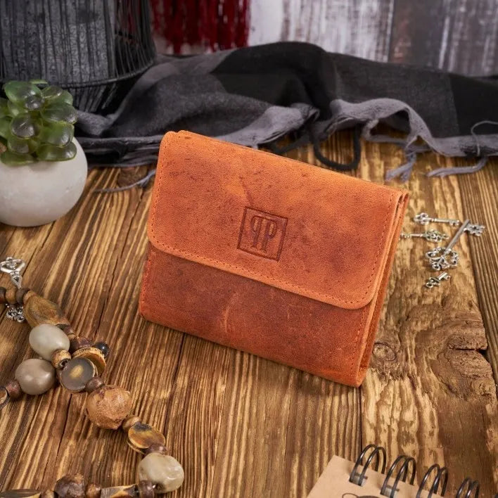 Paolo Peruzzi odinis moteriškas piniginės rudo oranžinio atspalvio su RFID