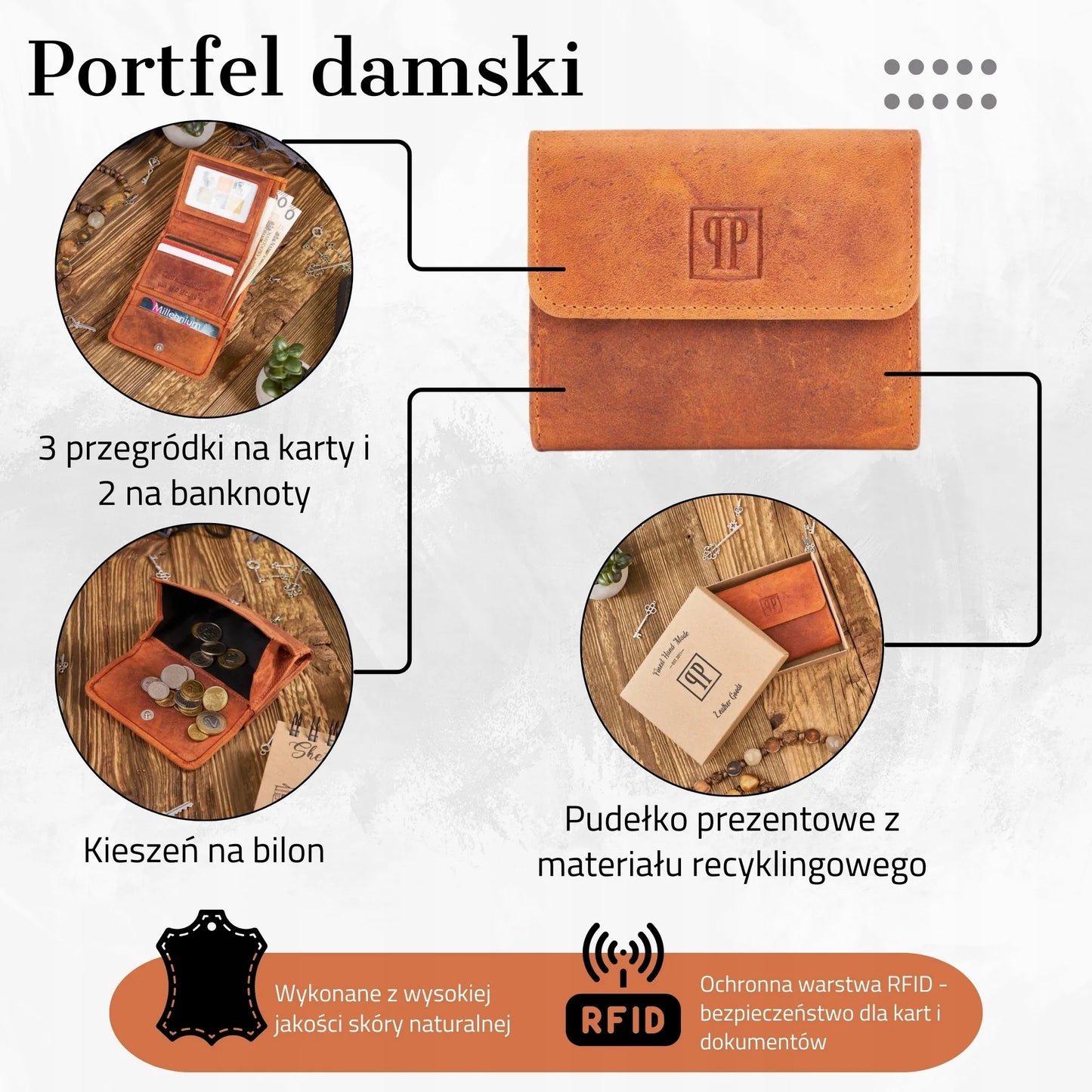 Paolo Peruzzi odinis moteriškas piniginės rudo oranžinio atspalvio su RFID