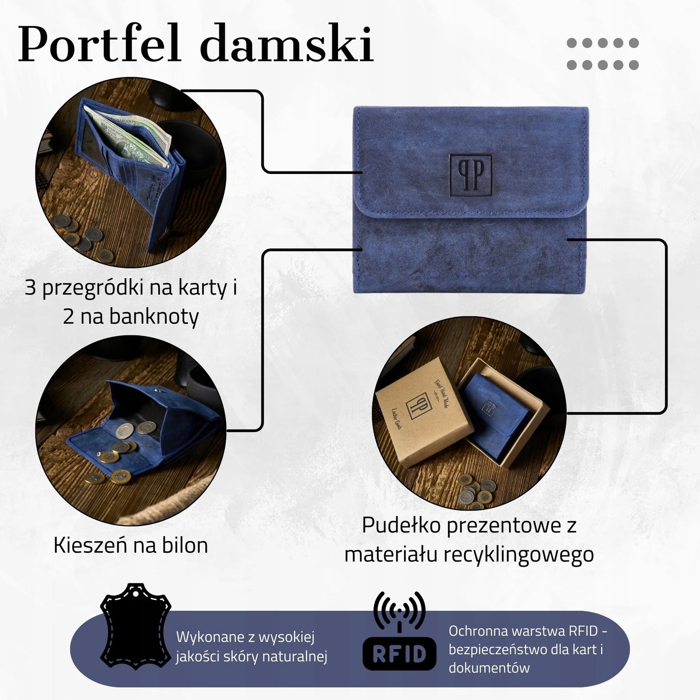 Paolo Peruzzi odinis moteriškas piniginės, tamsiai mėlyna piniginė su RFID apsauga