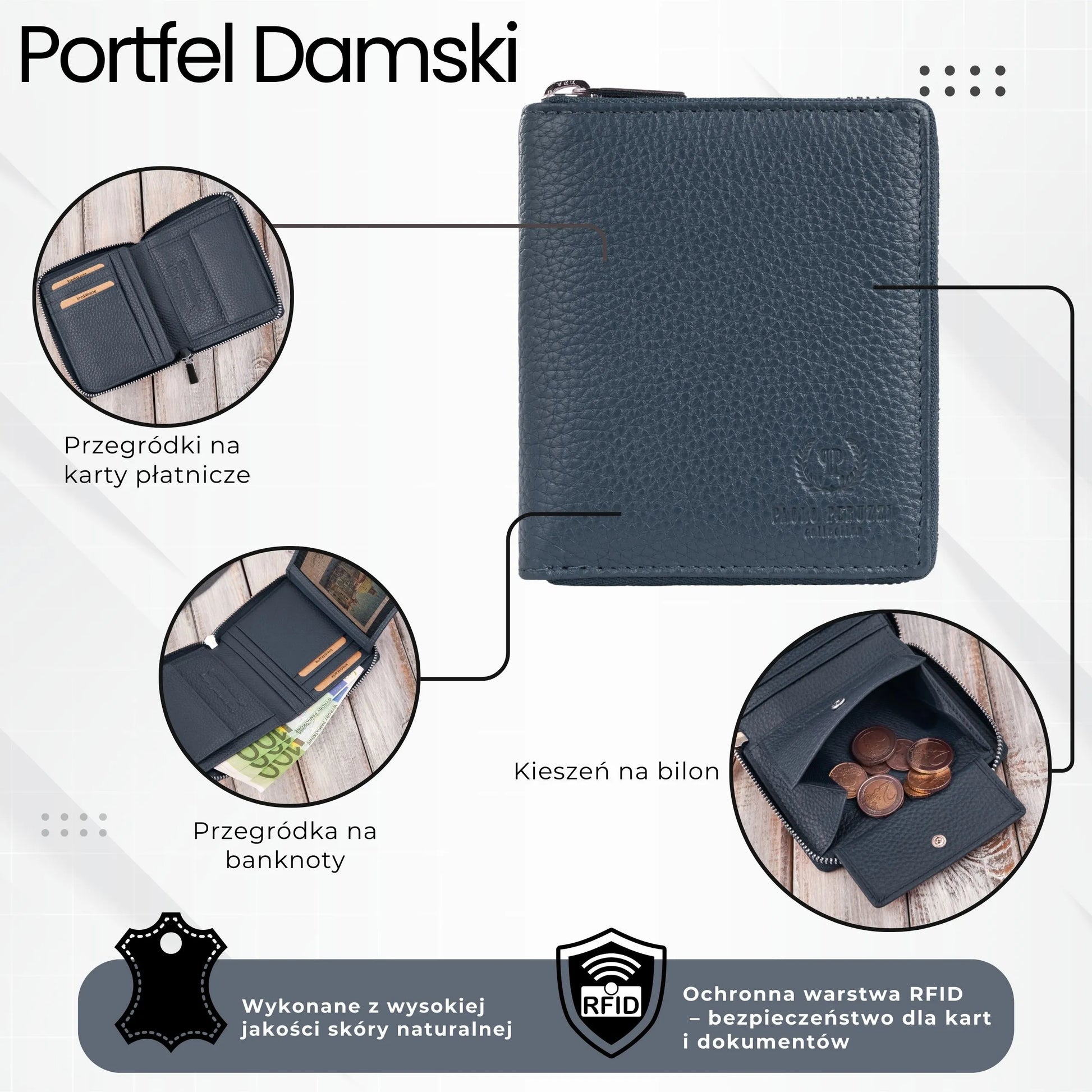 Paolo Peruzzi odinis moteriškas piniginės užtrauktuku su RFID apsauga
