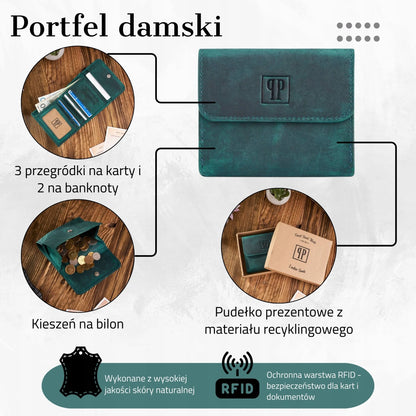 Paolo Peruzzi odinis moteriškas piniginės, žalia maža retro stiliaus piniginė su RFID