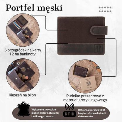Paolo Peruzzi T-03-BR ruda vyriška vintažinė piniginė su RFID apsauga, oda ir „canvas“