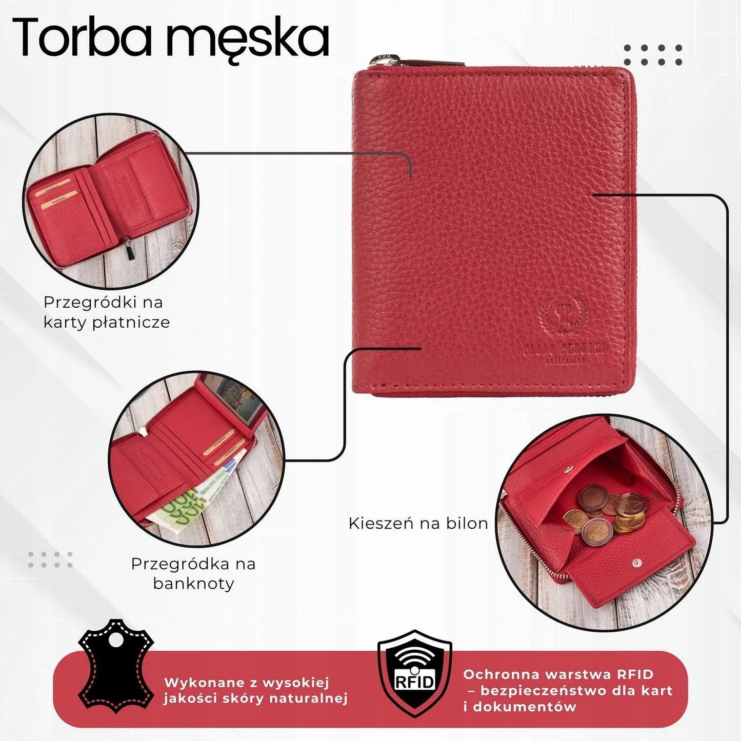 Paolo Peruzzi T-139-RD moteriška odinė piniginė su RFID apsauga, gili raudona spalva