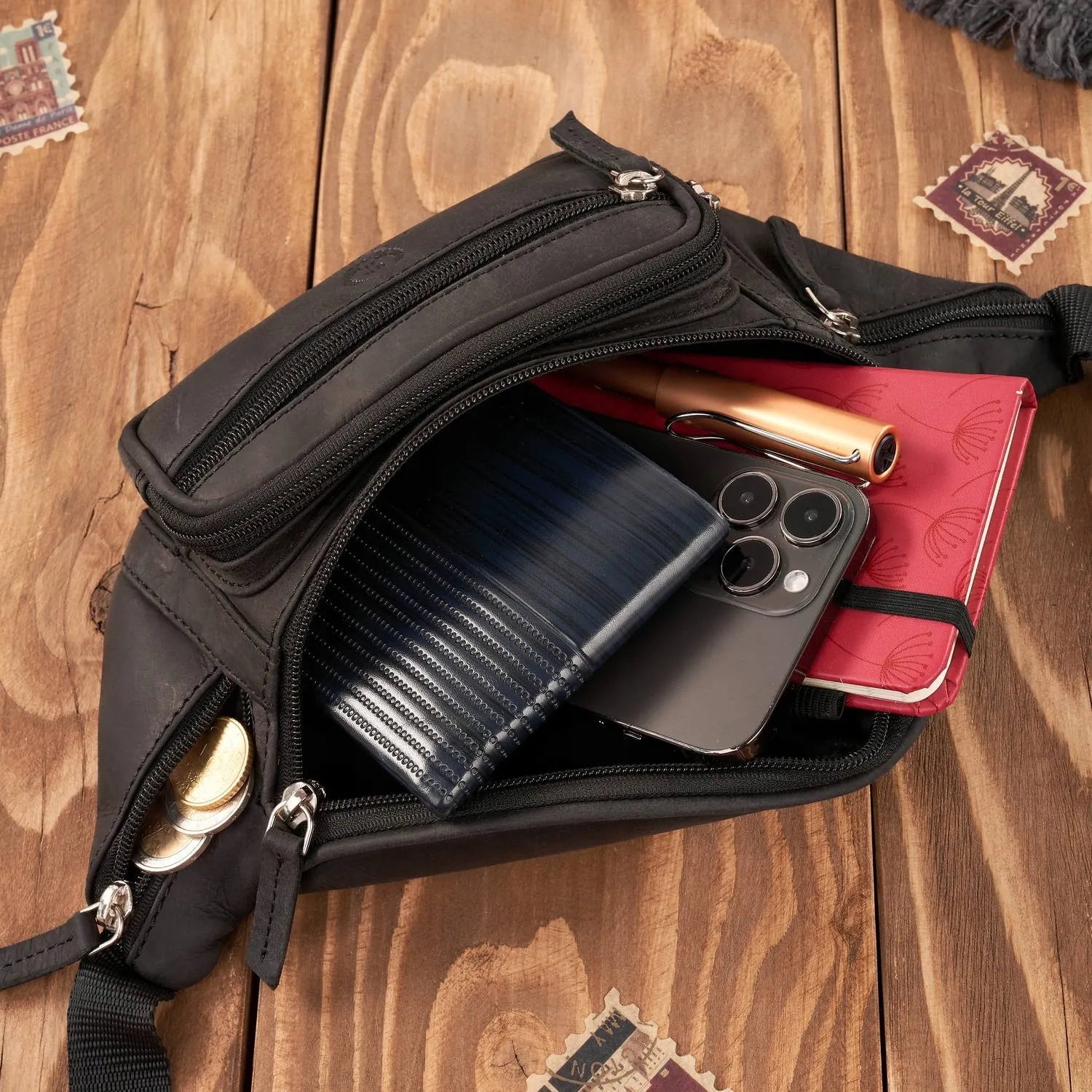 Paolo Peruzzi vyriškas odinis juosmens krepšys, stilinga nerka, juodas vintažinis