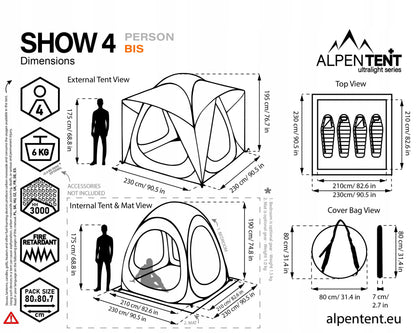 Parodinis 4 vietų savaime išsiskleidžiantis POP-UP palapinė AlpenTent Show 4 BIS