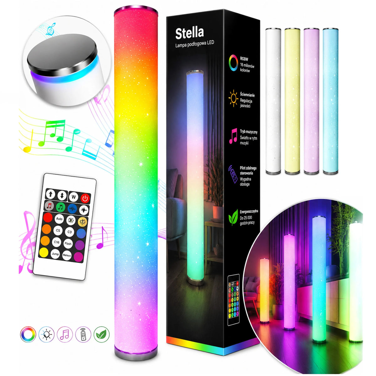 Pastatomas LED grindų šviestuvas Goldlux Stella, RGBW, muzikinis, su nuotolinio valdymo pulteliu, spalvotas, 103 cm