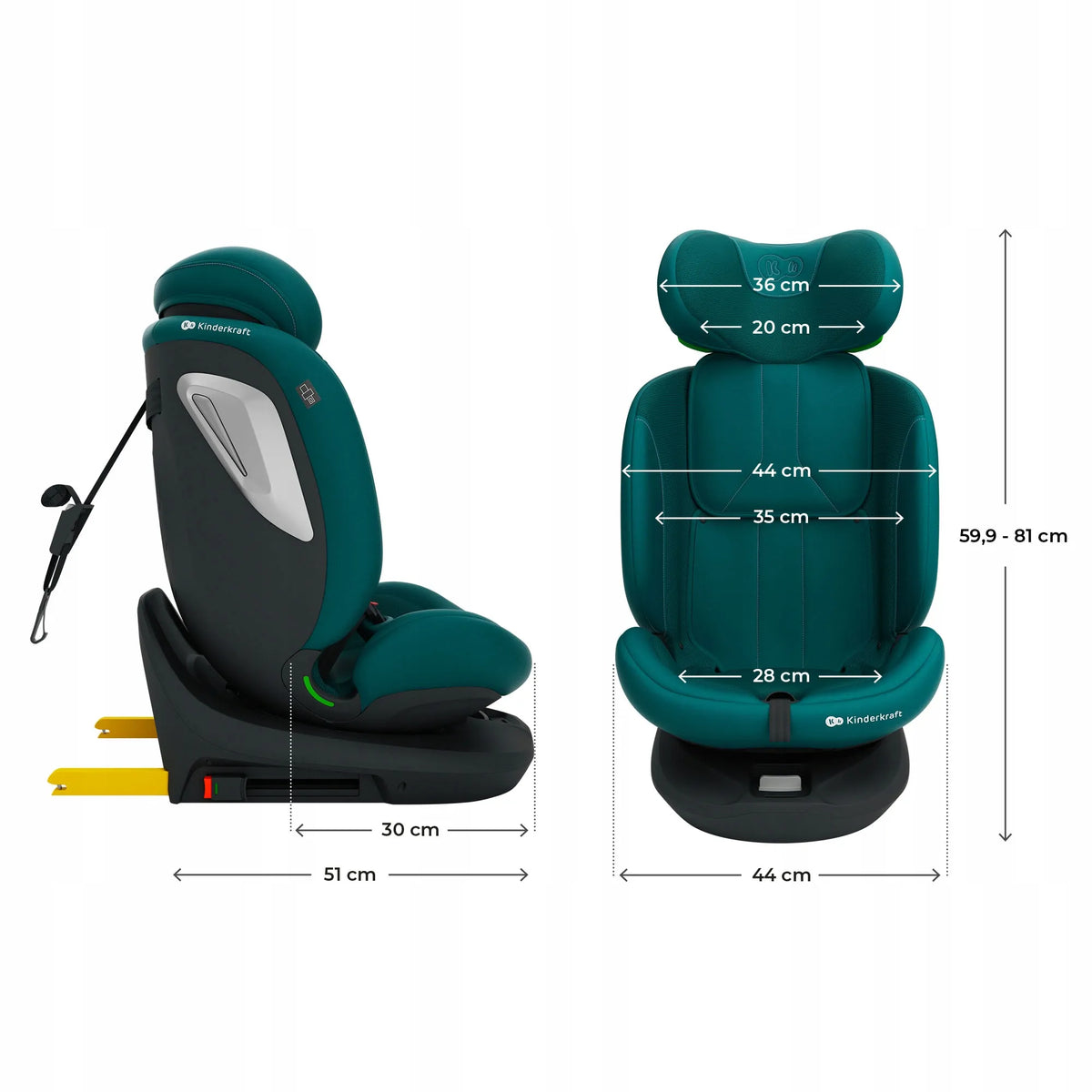 Pasukama automobilinė kėdutė „Kinderkraft I-GROW 2“, 40–150 cm, i-Size, ISOFIX, žalia