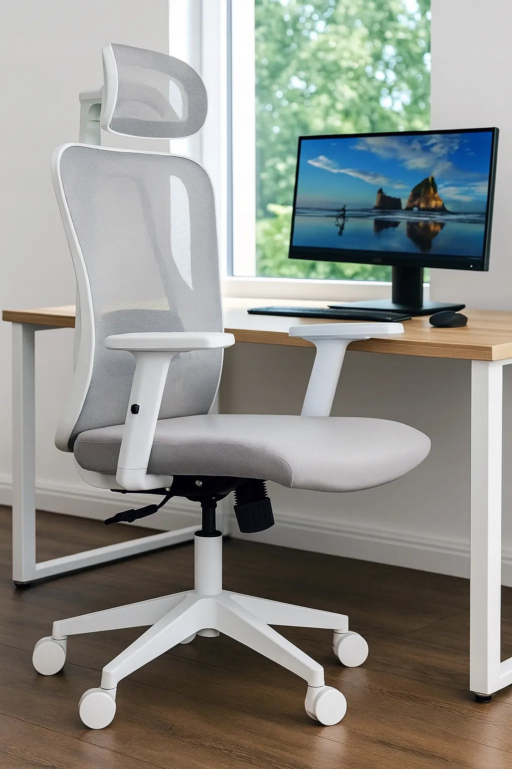 Patogi pilka balta biuro kėdė Giosedio FXB002 su reguliuojamais porankiais ir galvos atrama