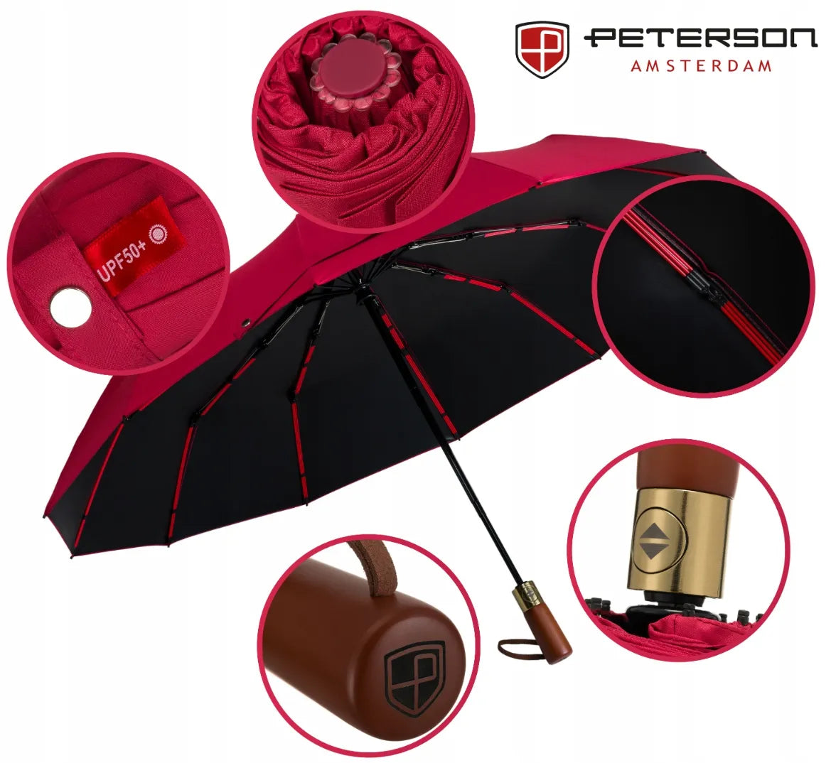 Peterson automatinis sulankstomas skėtis su dėklu, raudonas