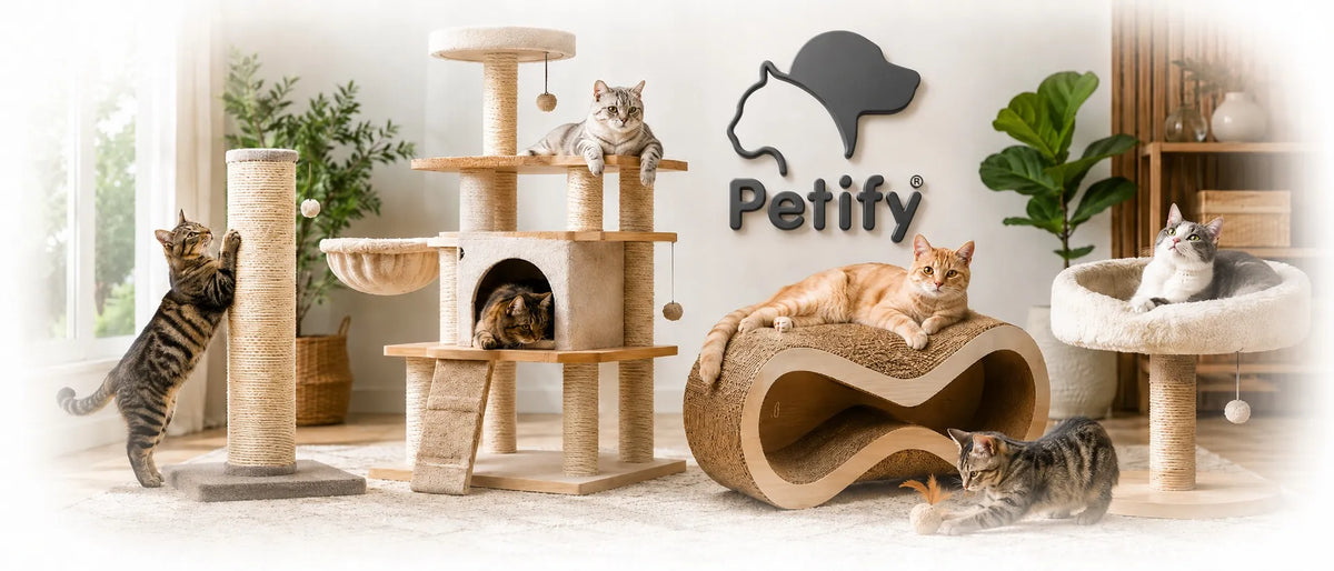 Petify PF-D04LG kačių draskyklė su guoliu ir nameliu, 5 lygių, 118 cm, smėlio spalvos