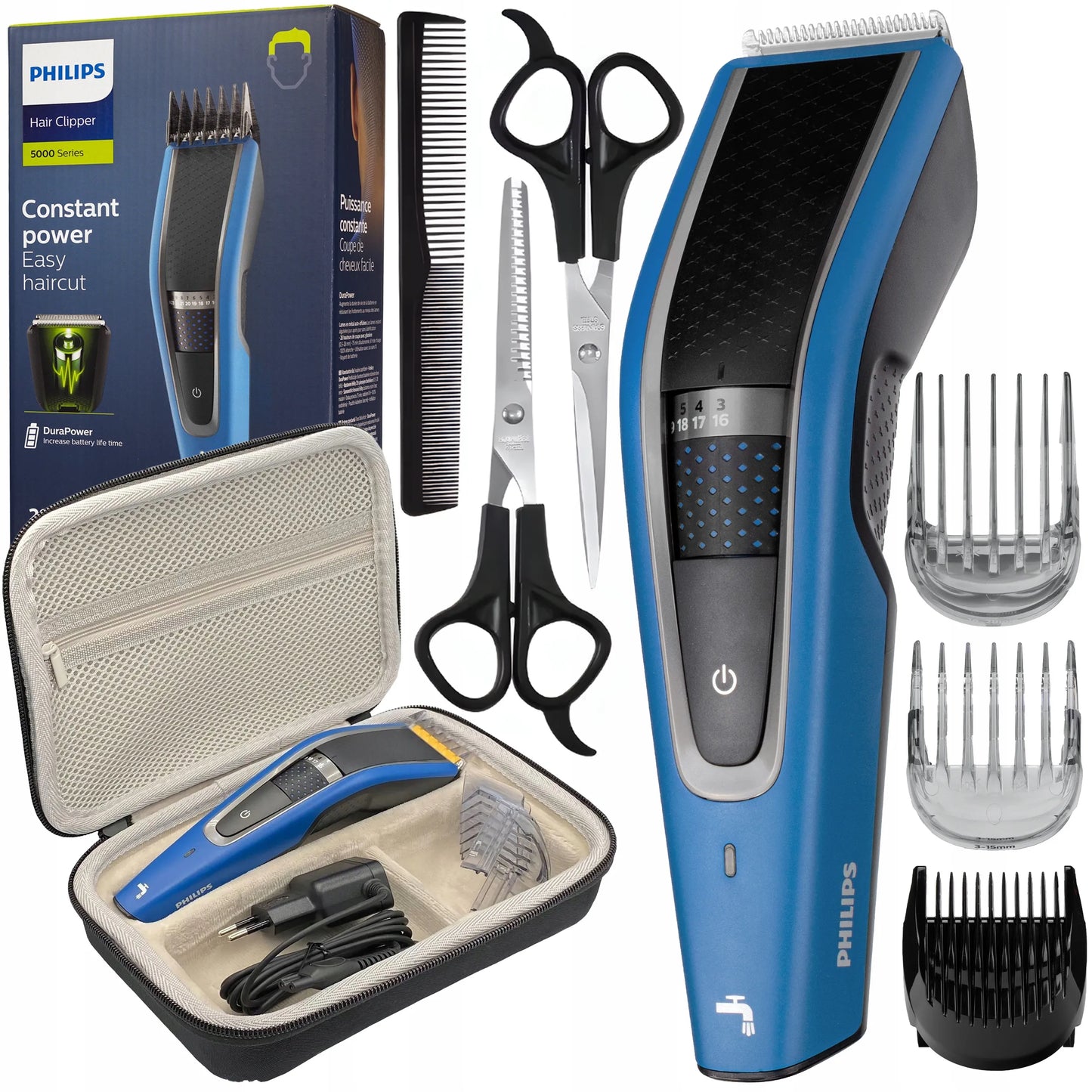 Plaukų kirpimo mašinėlė PHILIPS 5000 belaidė su trimeriu, skustuvu, dėklu ir žirklėmis