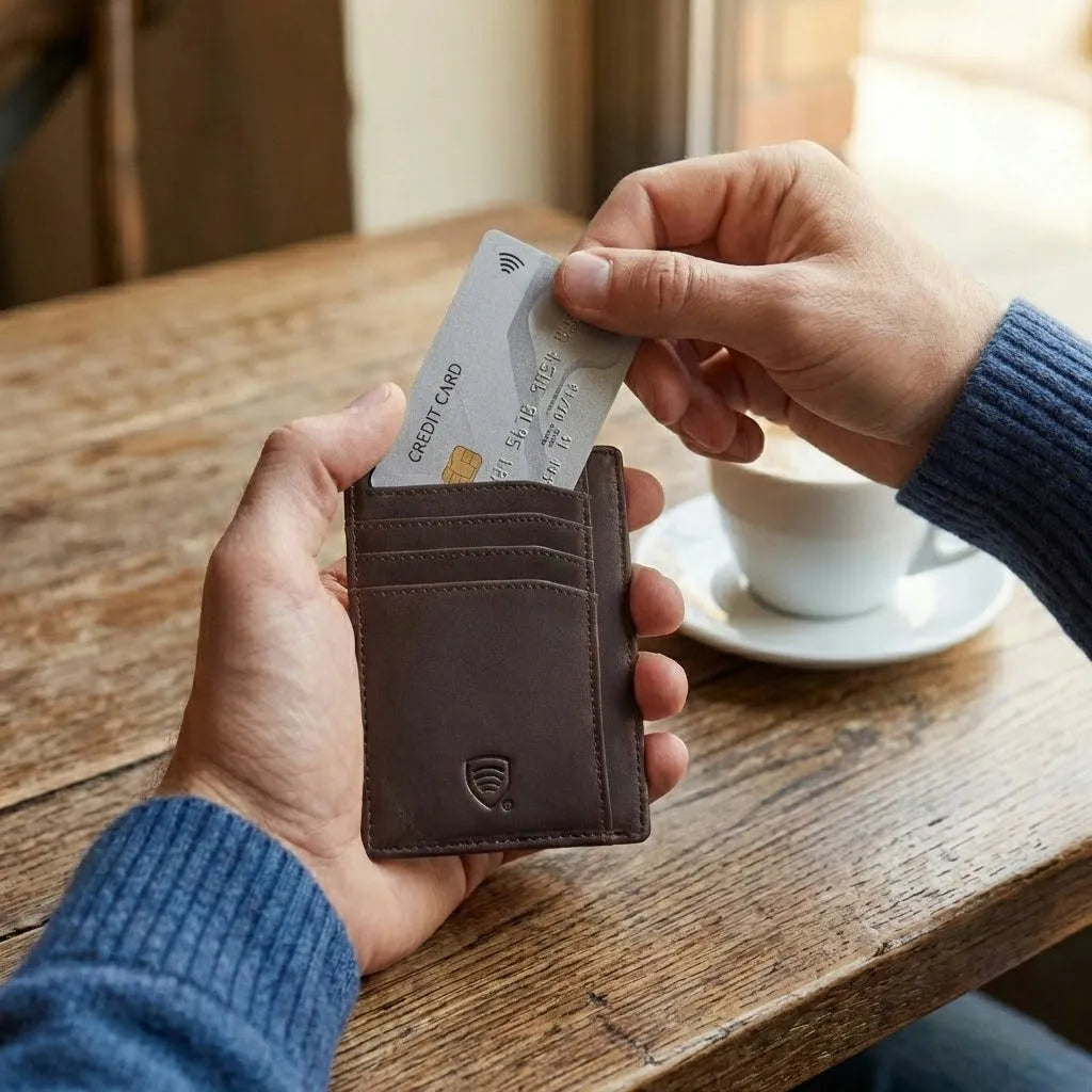 Plonas vyriškas odinis RFID kortelių dėklas, vieta registracijos liudijimui