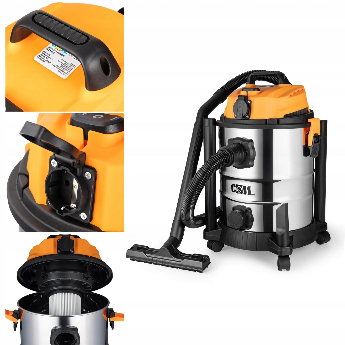 Pramoninis dulkių siurblys Coil 3300W, skirtas gipso dulkėms ir drėgnam valymui, 25 l, rinkinys