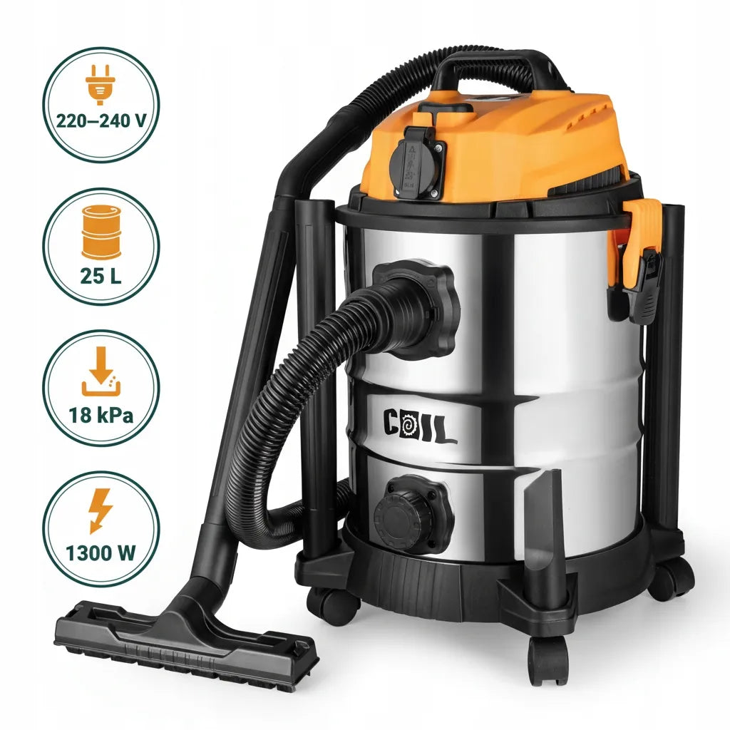 Pramoninis dulkių siurblys Coil 3300W, skirtas gipso dulkėms ir drėgnam valymui, 25 l, rinkinys