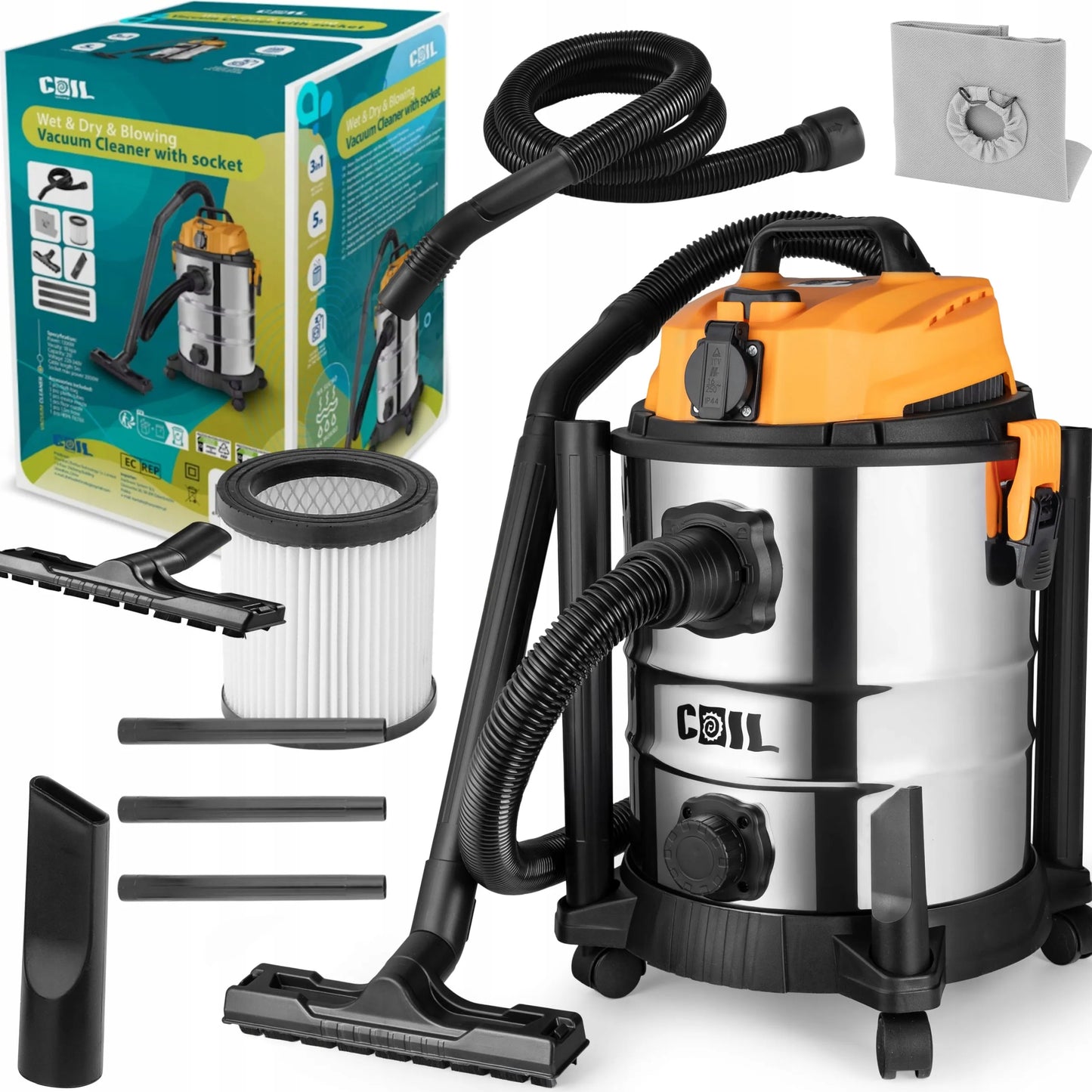 Pramoninis dulkių siurblys Coil 3300W, skirtas gipso dulkėms ir drėgnam valymui, 25 l, rinkinys