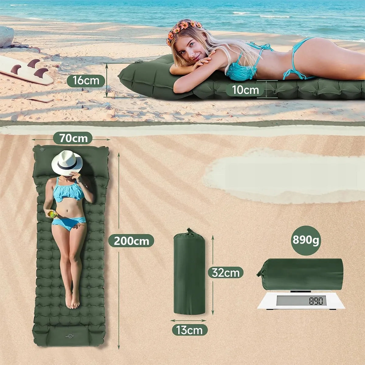 Pripučiamas turistinis kilimėlis 200 cm su įmontuota kojine pompa, žalias