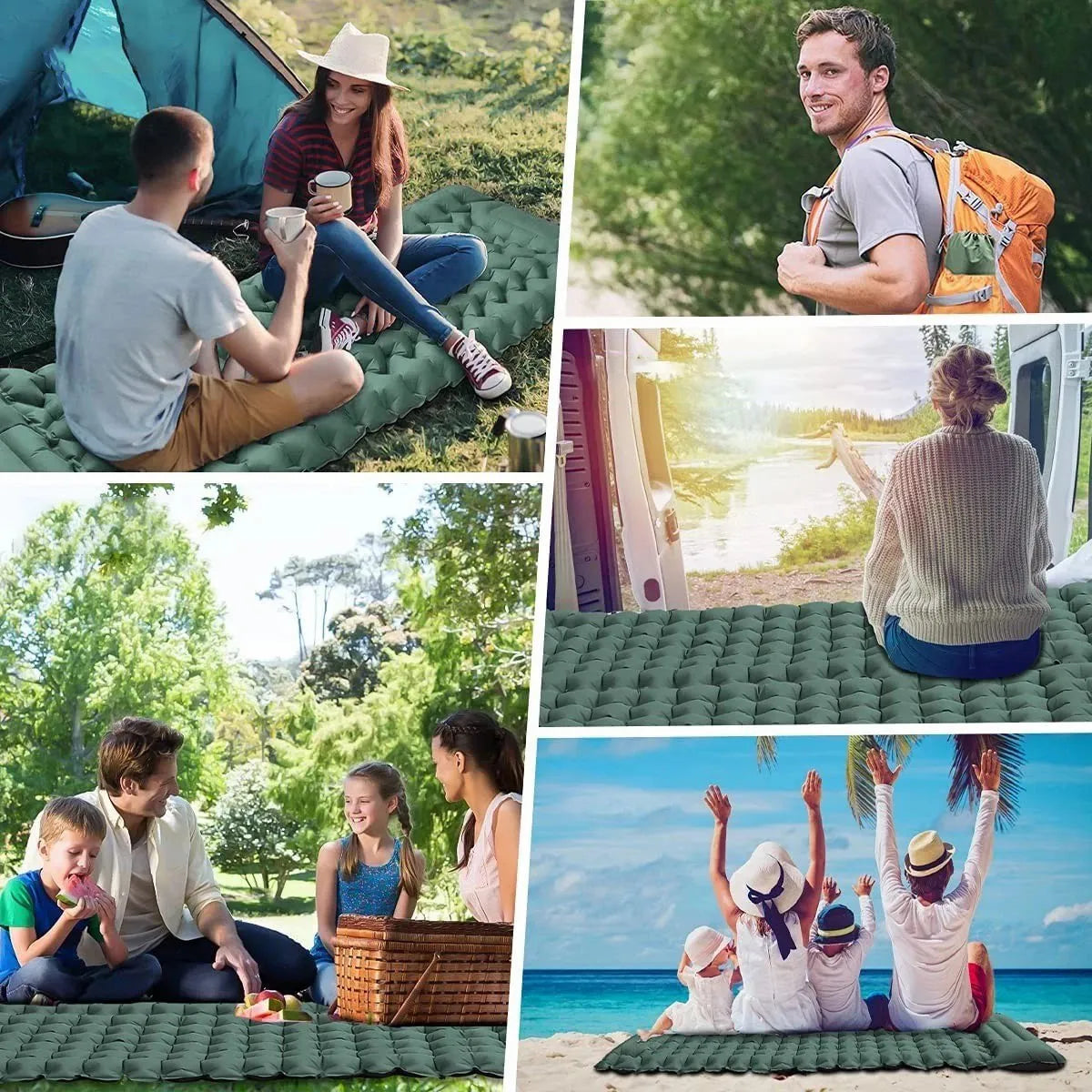 Pripučiamas turistinis kilimėlis 200 cm su įmontuota kojine pompa, žalias