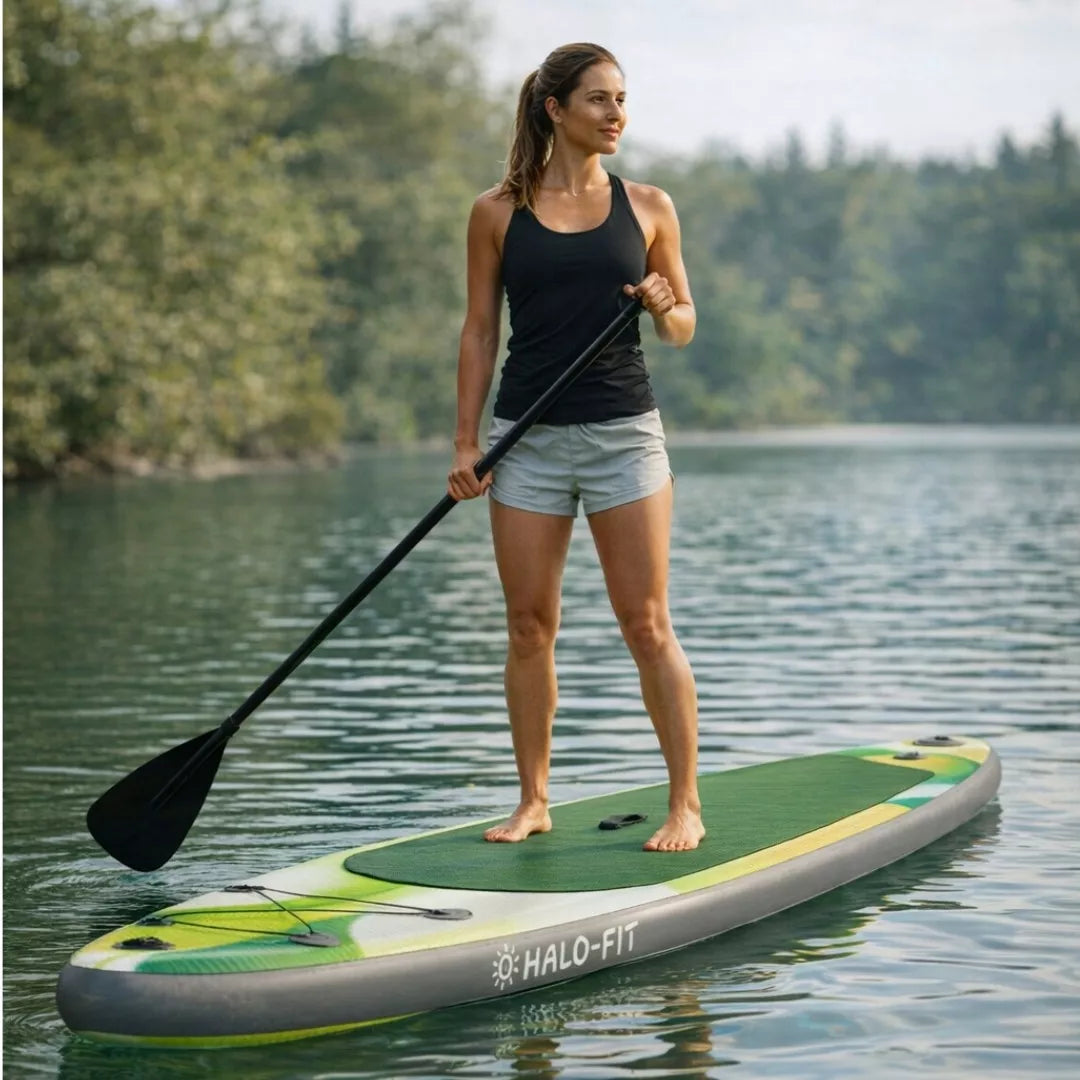 Pripučiamoji SUP lenta 335 cm žalia – rinkinys su irklu ir pompa | Halo-Fit