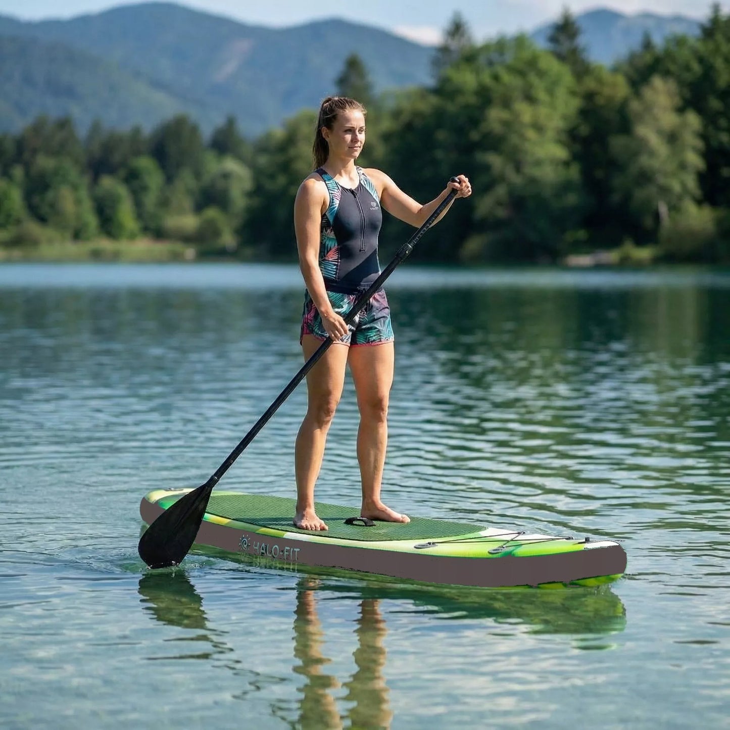 Pripučiamoji SUP lenta 335 cm žalia – rinkinys su irklu ir pompa | Halo-Fit