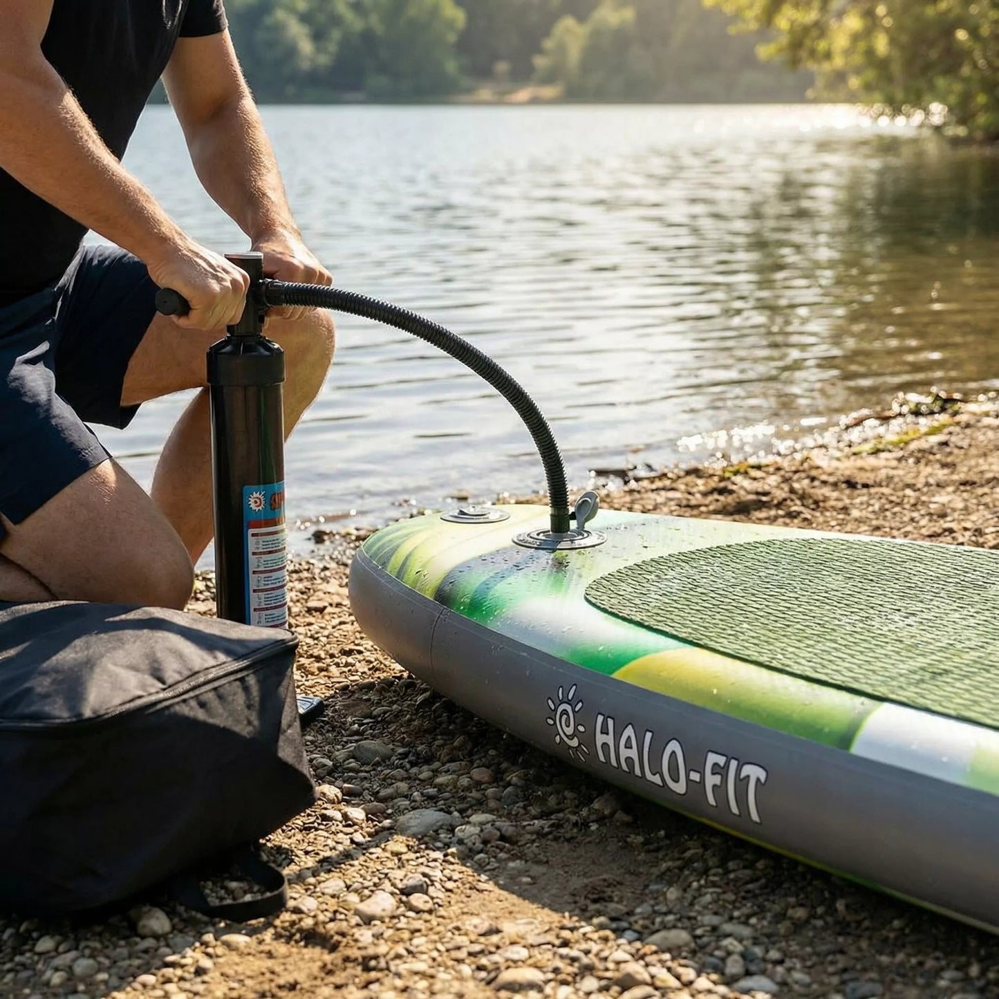 Pripučiamoji SUP lenta 335 cm žalia – rinkinys su irklu ir pompa | Halo-Fit