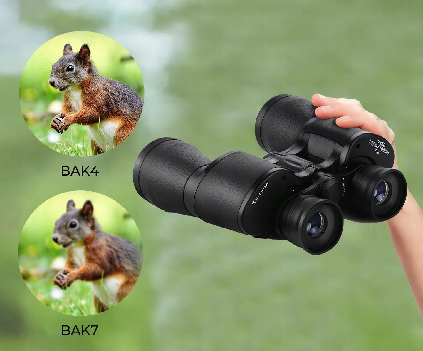 Profesionalūs K&F CONCEPT 7x50 mm žiūronai su BaK4 prizme, dėklu ir KF33.093 modeliu