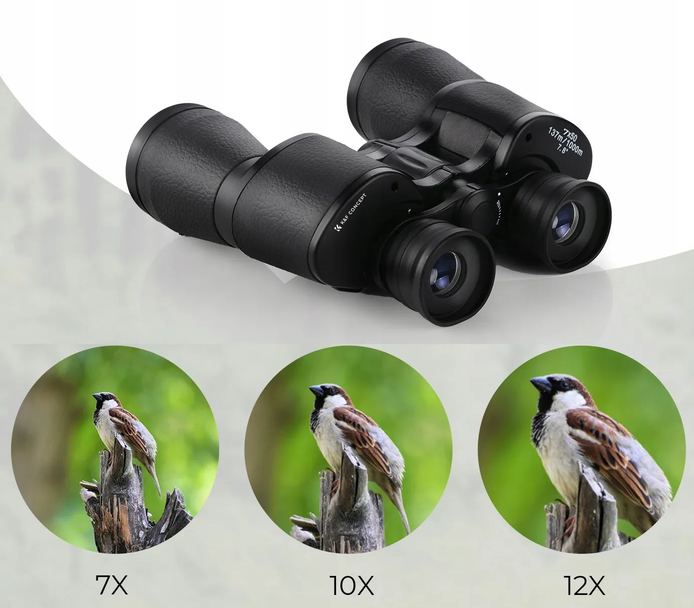 Profesionalūs K&F CONCEPT 7x50 mm žiūronai su BaK4 prizme, dėklu ir KF33.093 modeliu