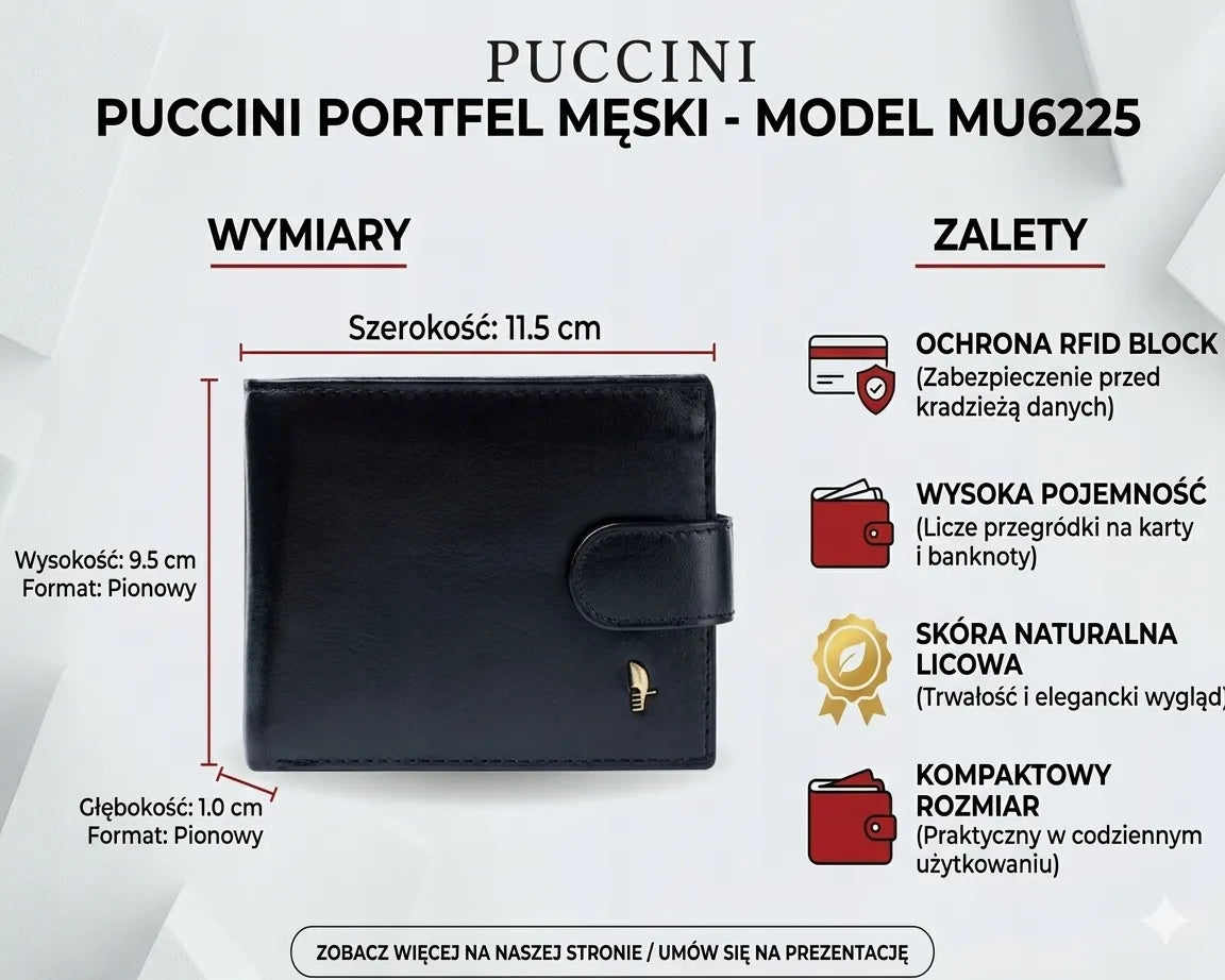 PUCCINI MU6225/1 juoda vyriška piniginė iš natūralios odos su RFID apsauga