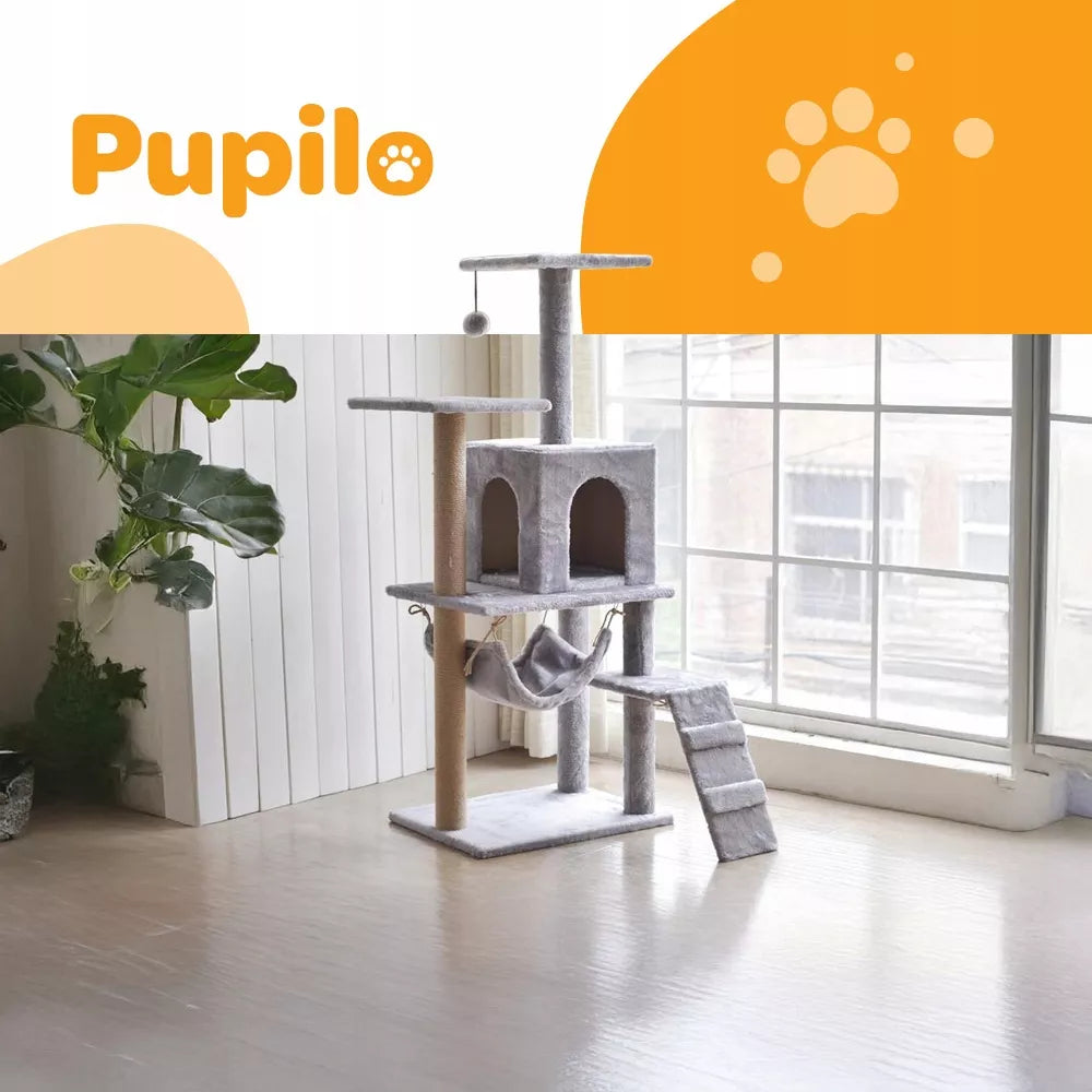 „Pupilo“ kačių draskyklė su nameliu, guoliu, hamaku, kopėtėlėmis ir žaislu, 4 lygiai