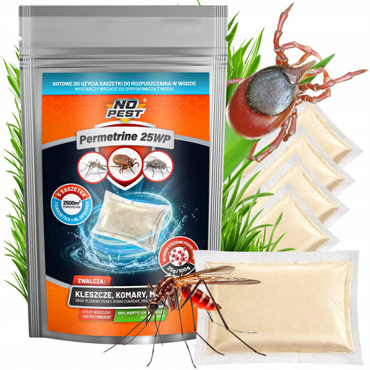 Purškalas nuo erkių ir uodų Permethrin 25% (5 vnt.) tirpiuose maišeliuose