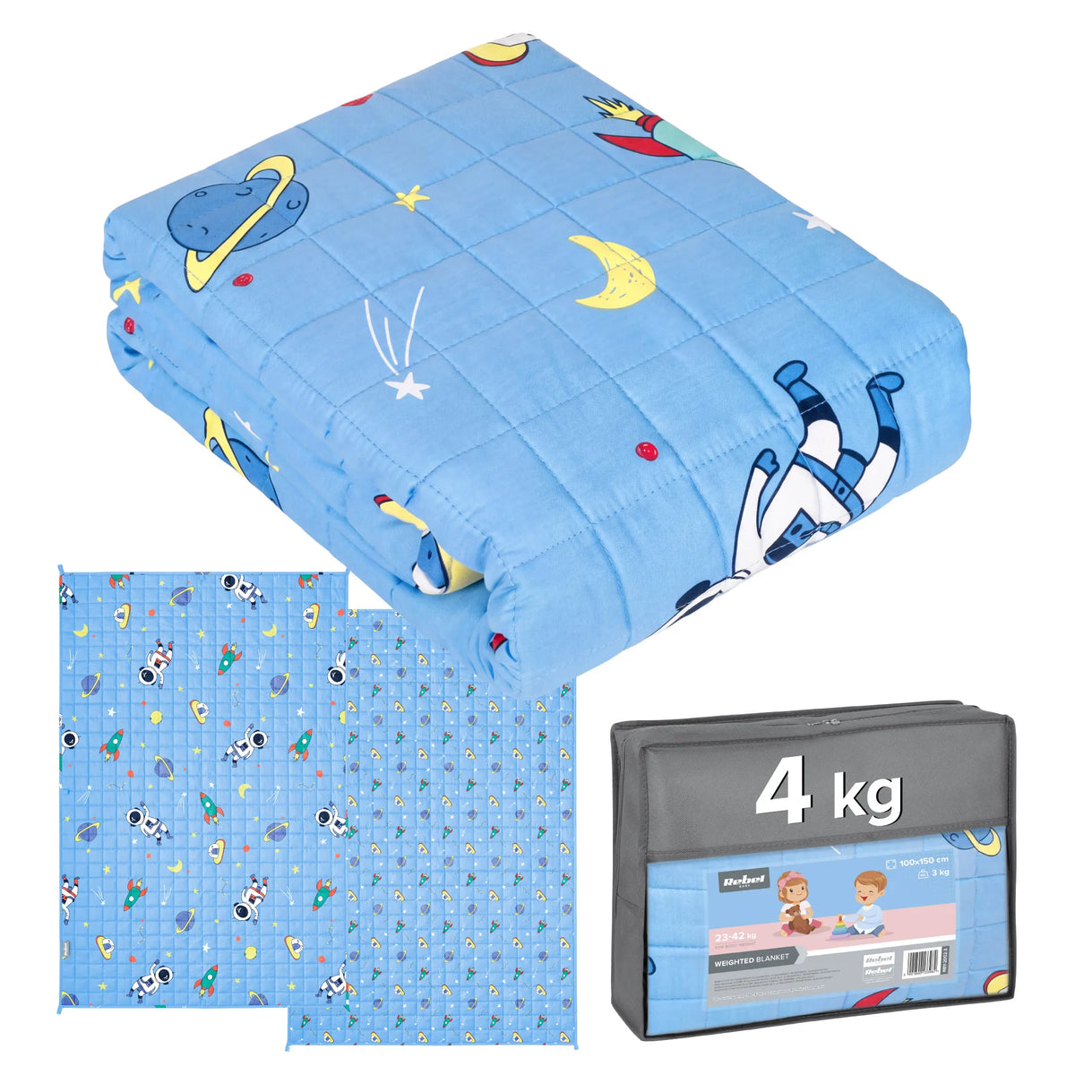 REBEL PREMIUM medvilninė pasunkinta antklodė vaikams, 100 × 150 cm, 4 kg, kosmoso raštas