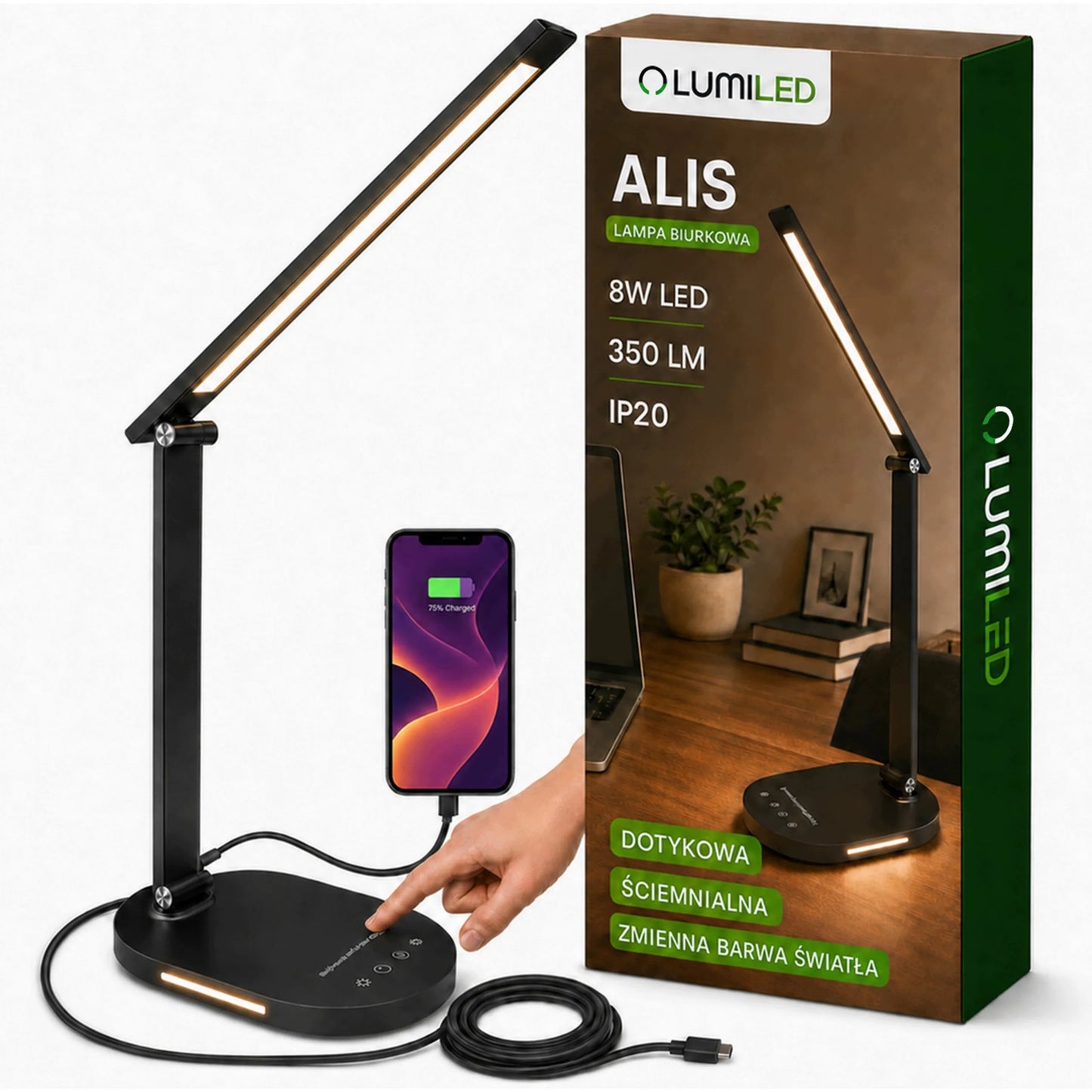 Reguliuojama LED stalinė lempa Lumiled su 5 spalvų režimais, USB jungtimi ir lietimui jautriu valdymu