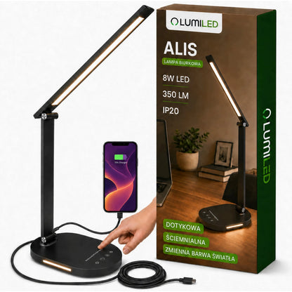 Reguliuojama LED stalinė lempa Lumiled su 5 spalvų režimais, USB jungtimi ir lietimui jautriu valdymu
