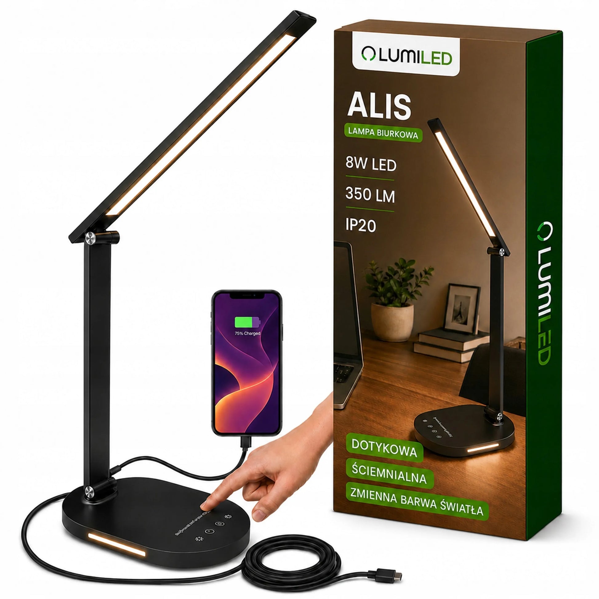 Reguliuojama LED stalinė lempa Lumiled su 5 spalvų režimais, USB jungtimi ir lietimui jautriu valdymu