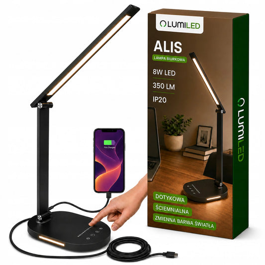 Reguliuojama LED stalinė lempa Lumiled su 5 spalvų režimais, USB jungtimi ir lietimui jautriu valdymu