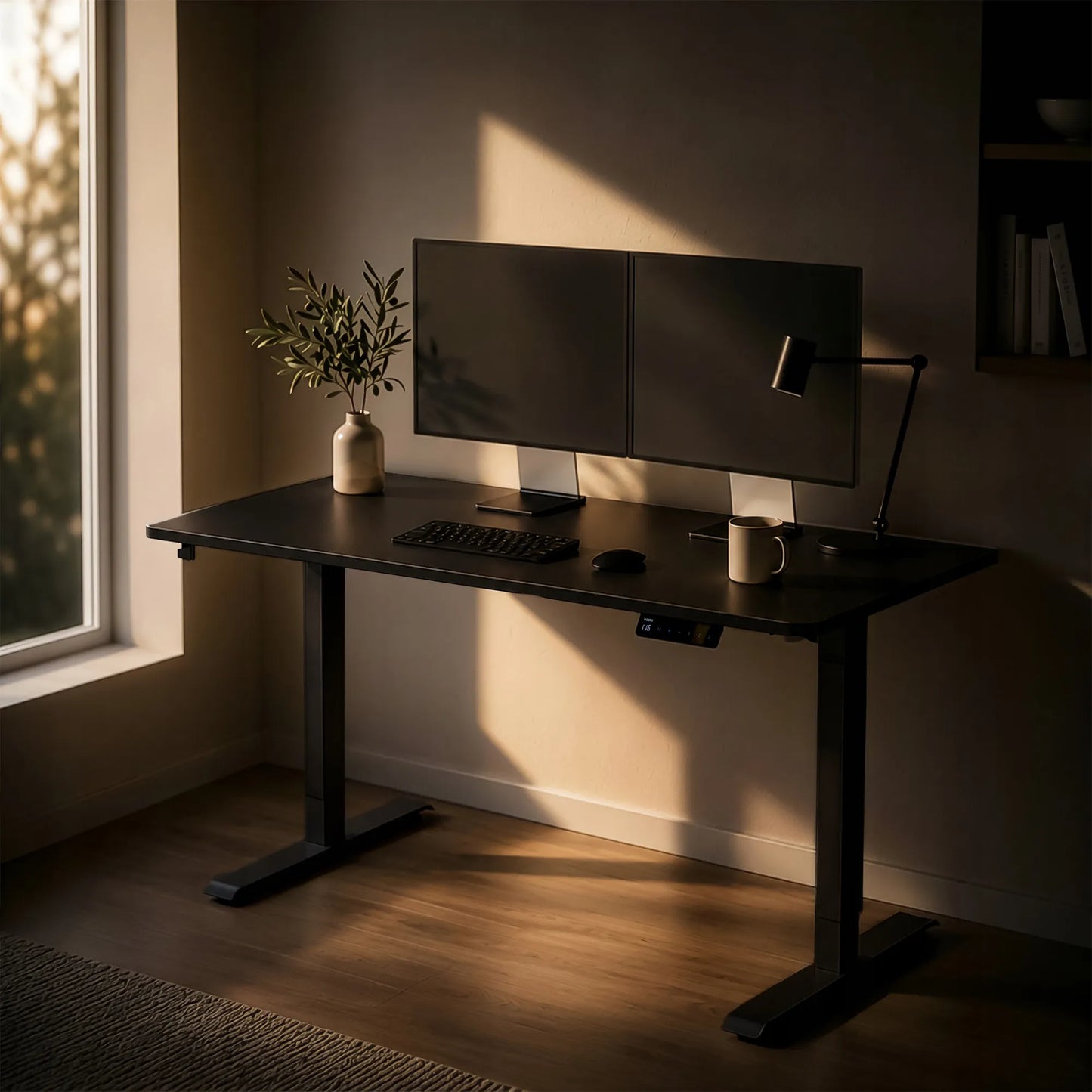 Reguliuojamo aukščio elektrinis kompiuterio stalas BOSTE, 73–118 cm, juodas