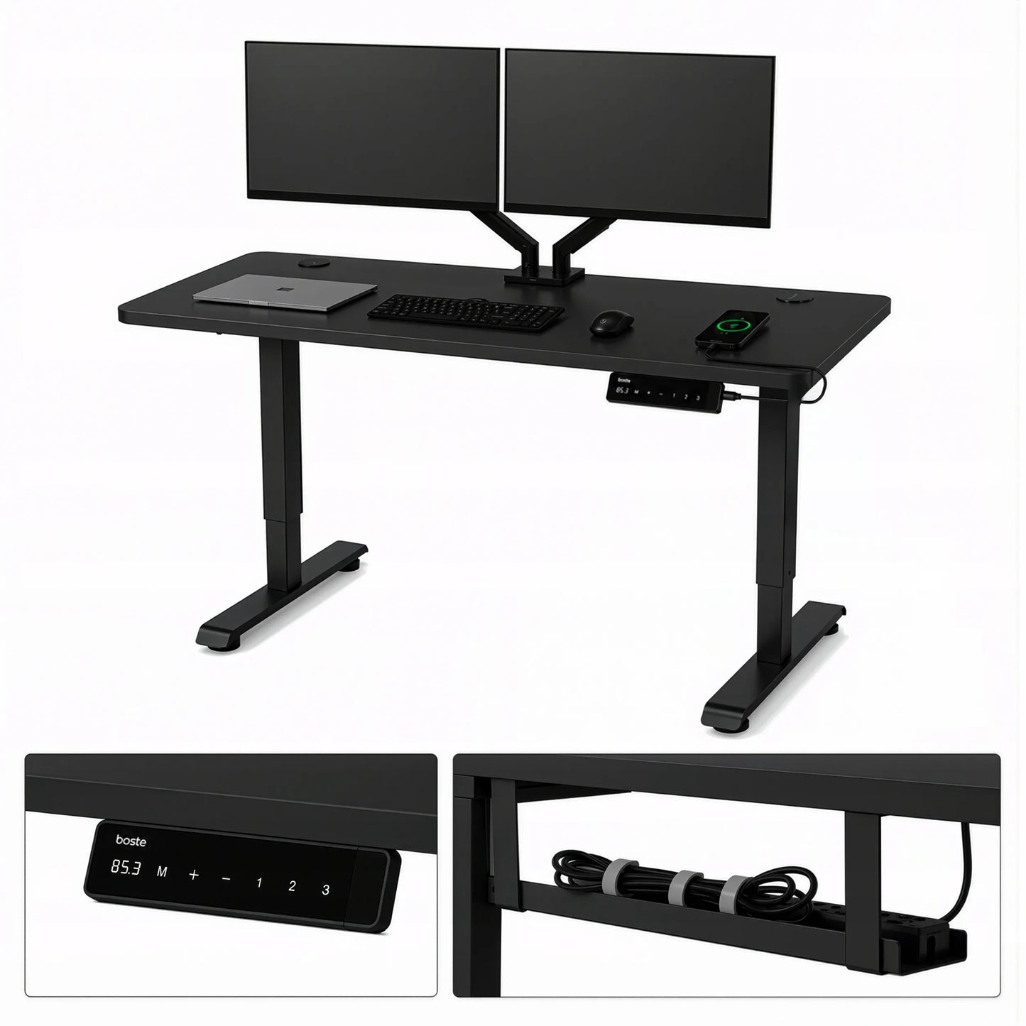 Reguliuojamo aukščio elektrinis kompiuterio stalas BOSTE, 73–118 cm, juodas