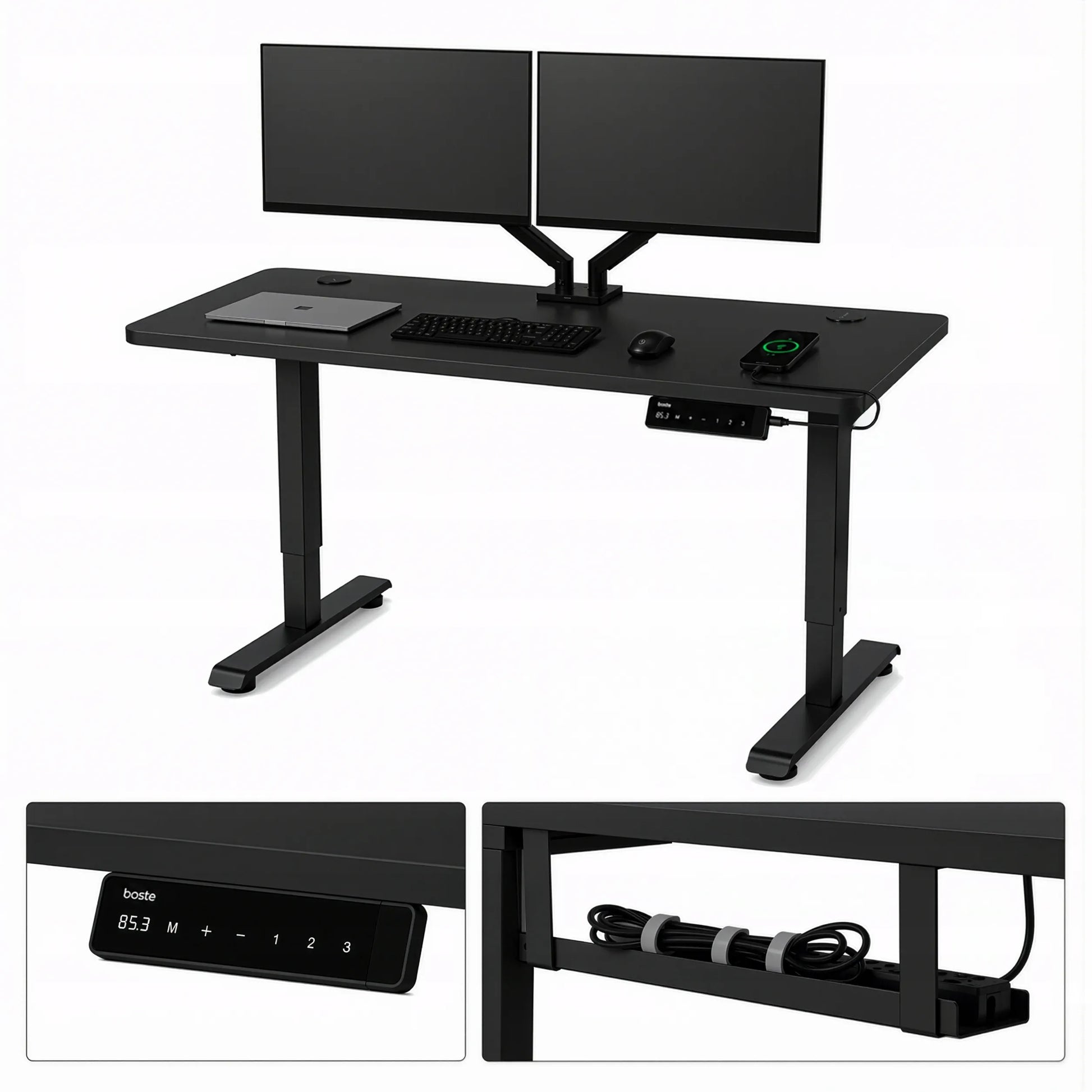 Reguliuojamo aukščio elektrinis kompiuterio stalas BOSTE, 73–118 cm, juodas