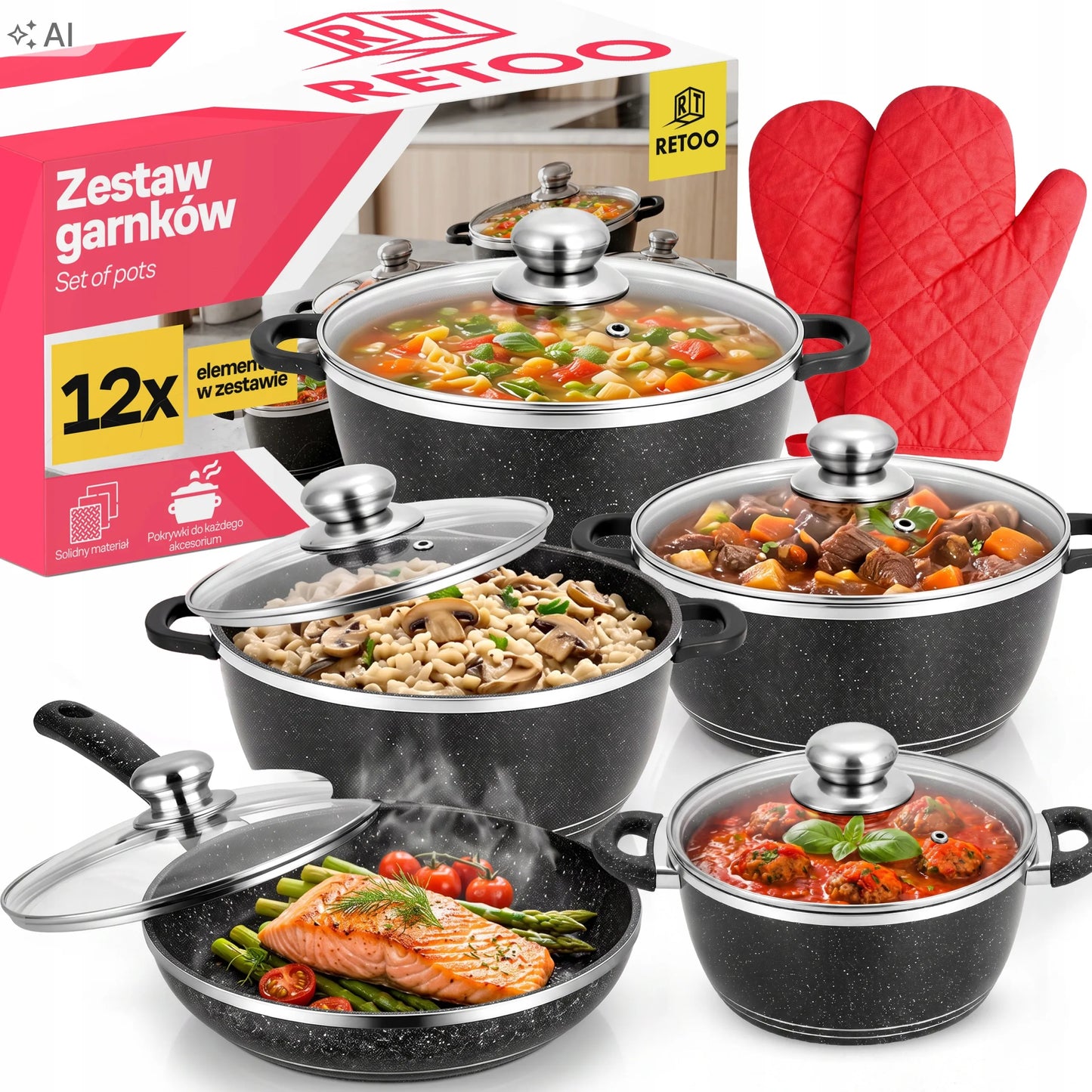 RETOO CookMaster 12 dalių puodų rinkinys su keramine danga, keptuve ir pirštinėmis