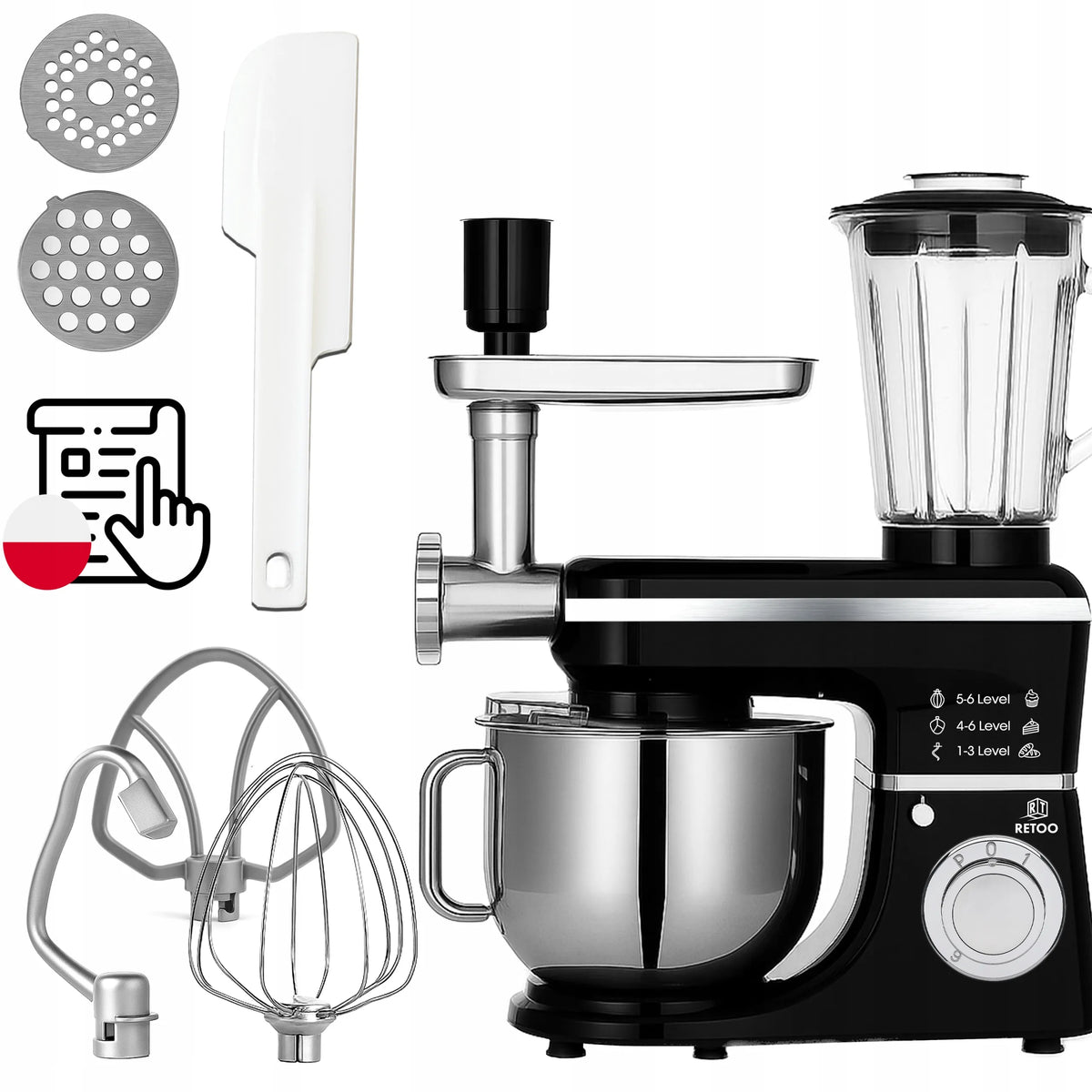 RETOO CookMaster OR1104 planetarinis virtuvinis kombainas su dubeniu, mėsmale ir kokteiline, 5 viename, 3200 W