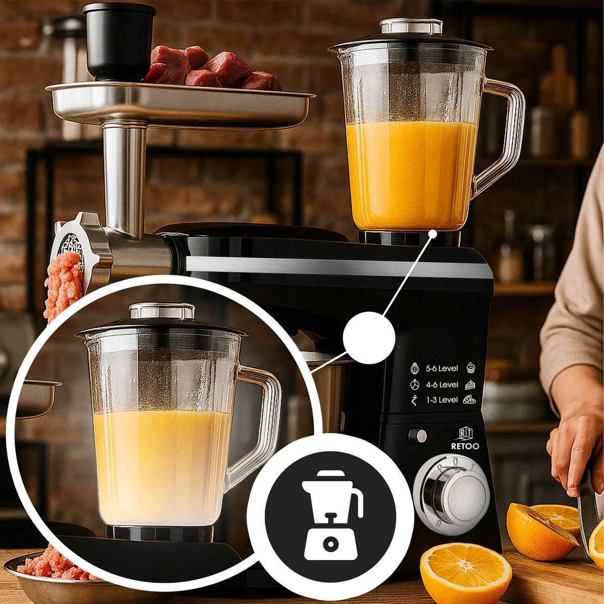 RETOO CookMaster OR1104 planetarinis virtuvinis kombainas su dubeniu, mėsmale ir kokteiline, 5 viename, 3200 W