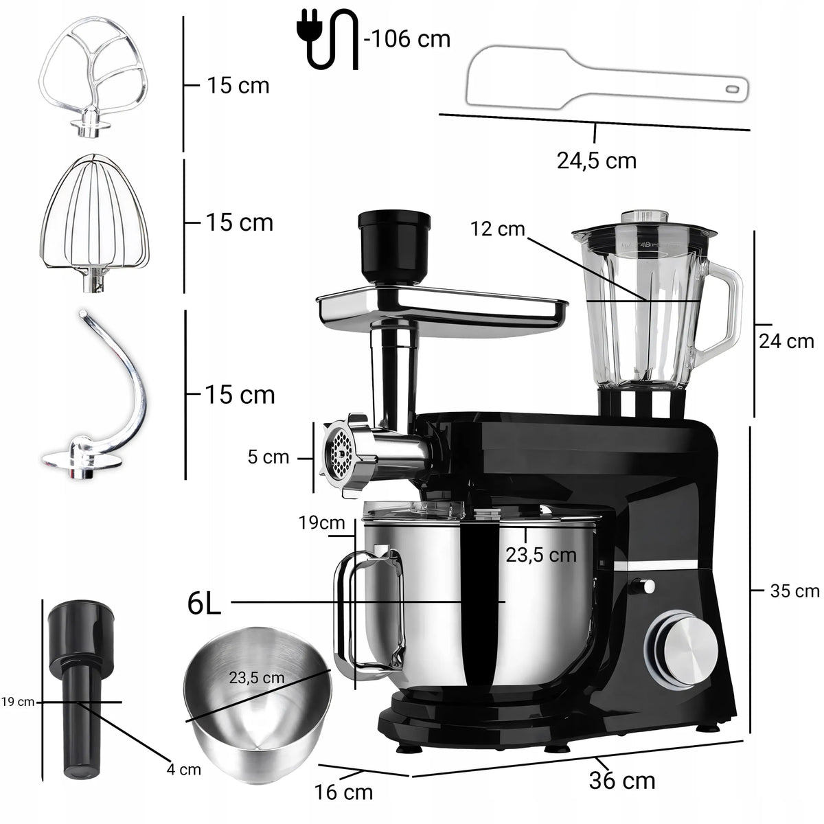 RETOO CookMaster OR1104 planetarinis virtuvinis kombainas su dubeniu, mėsmale ir kokteiline, 5 viename, 3200 W