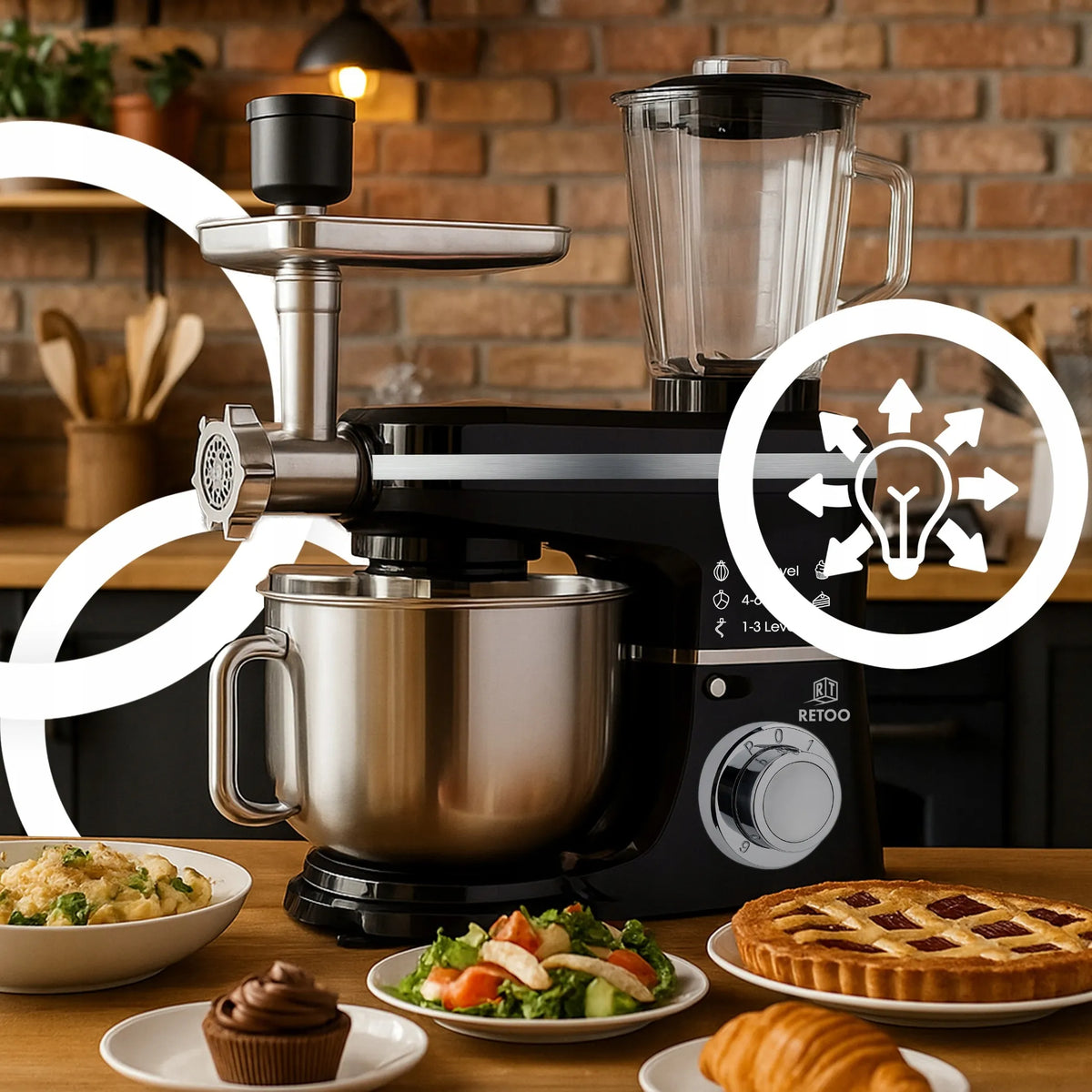 RETOO CookMaster OR1104 planetarinis virtuvinis kombainas su dubeniu, mėsmale ir kokteiline, 5 viename, 3200 W