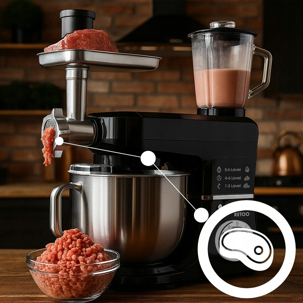 RETOO CookMaster OR1104 planetarinis virtuvinis kombainas su dubeniu, mėsmale ir kokteiline, 5 viename, 3200 W