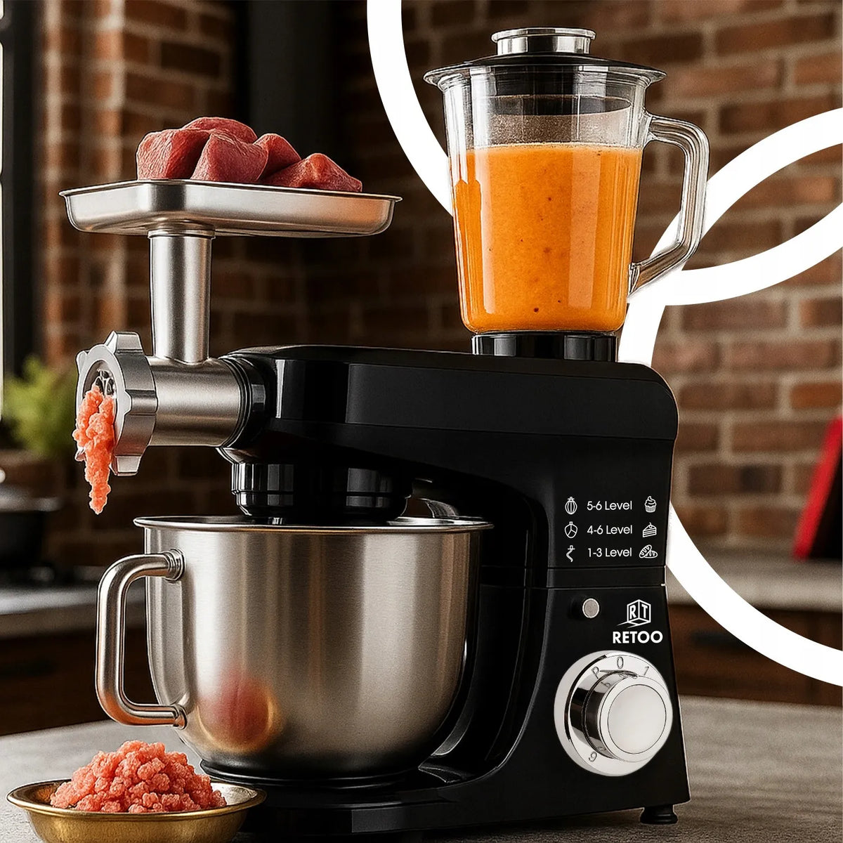 RETOO CookMaster OR1104 planetarinis virtuvinis kombainas su dubeniu, mėsmale ir kokteiline, 5 viename, 3200 W