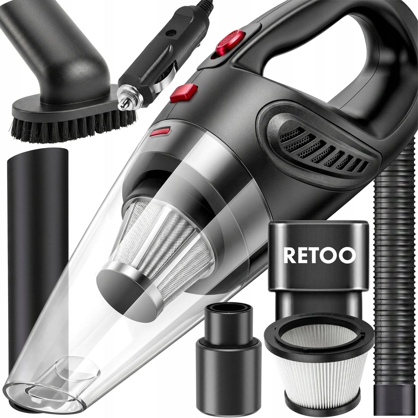 RETOO galingas rankinis automobilinis dulkių siurblys 12V 120W 4200Pa su priedais