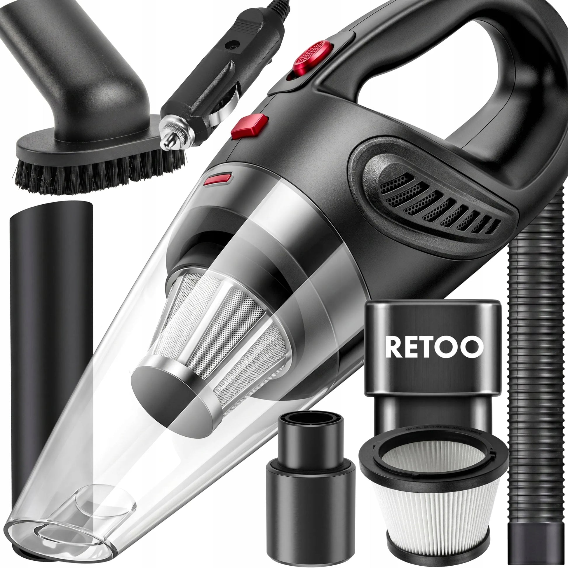 RETOO galingas rankinis automobilinis dulkių siurblys 12V 120W 4200Pa su priedais
