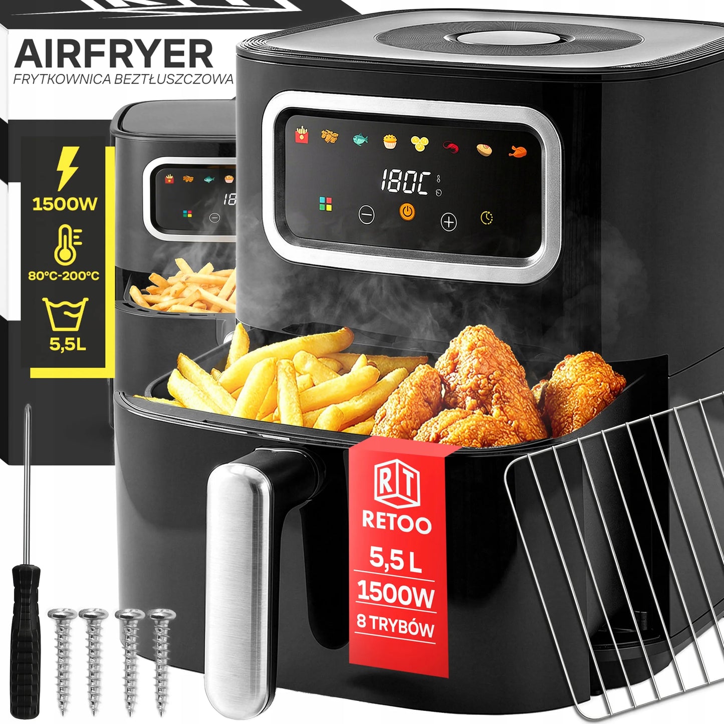 RETOO gruzdintuvė be aliejaus „Air Fryer“, 1450 W, 5,5 l dubuo, 8 programos