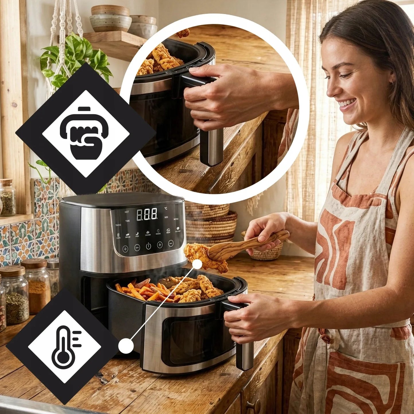 RETOO R-OR1353 7L 1500W beztukė gruzdintuvė (Air Fryer) su 7 gaminimo režimais