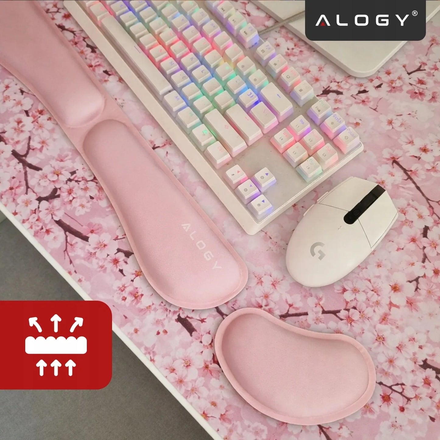 Riešo atramos klaviatūrai ir pelei, „Memory Foam“ putos, stalui, rožinė